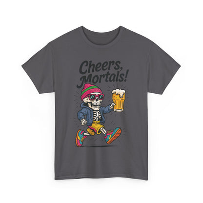 Cheers, Mortals! Mens Tee, Funny Skeleton Beer Graphic Tee, Cool Drinking Humor Shirt, Party Gift for Him, Halloween Tee,  Beer Lovers Gift