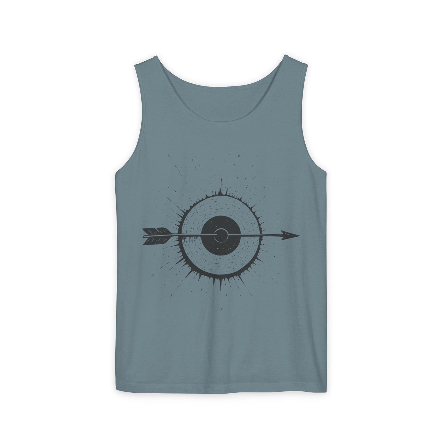 Mens Garment-Dyed Tank Top with Target Arrow Design, Casual Wear, Summer Essentials, Gym Wear, Gifts for Archery Lovers