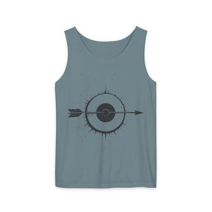 Mens Garment-Dyed Tank Top with Target Arrow Design, Casual Wear, Summer Essentials, Gym Wear, Gifts for Archery Lovers