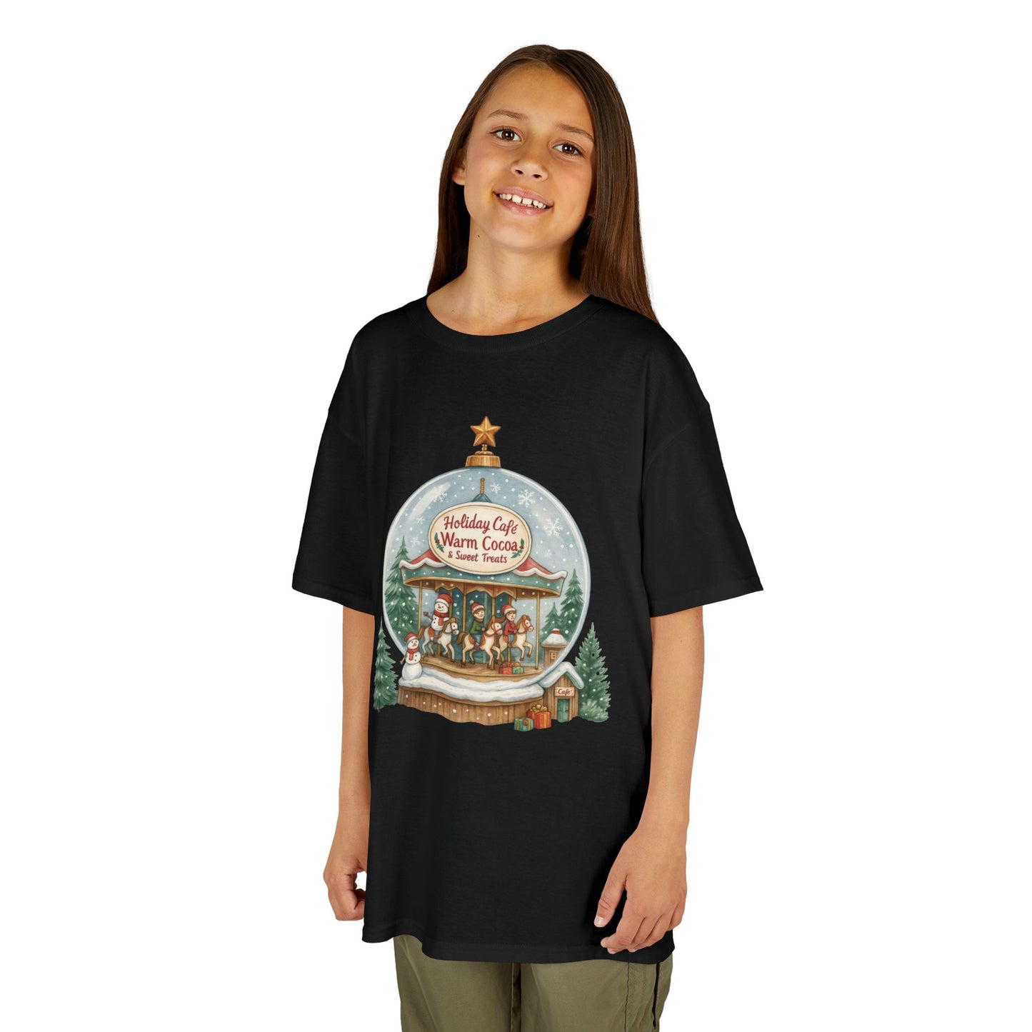 Youth Holiday Café Christmas T-Shirt, Warm Cocoa Carousel Kids Tee