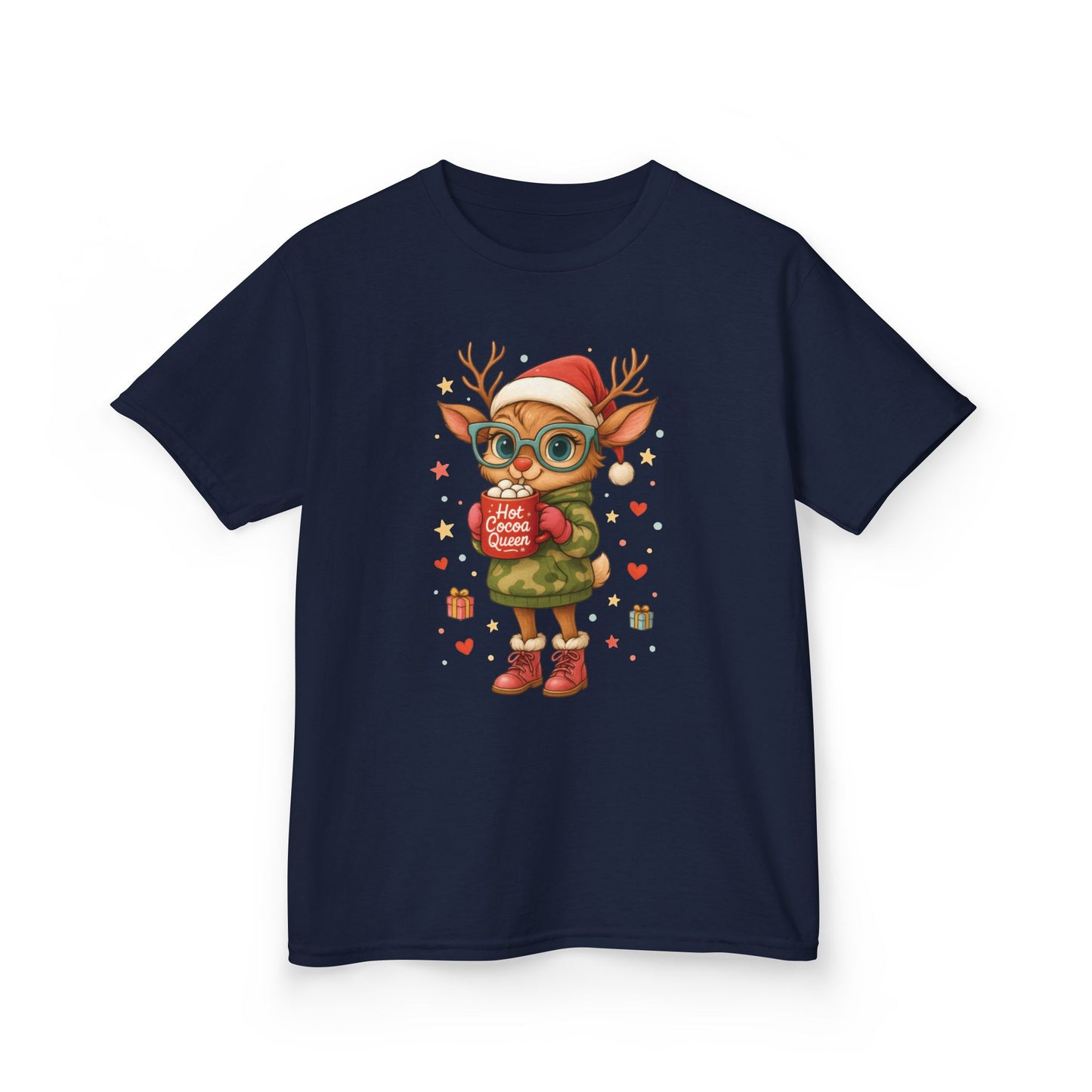 Hot Cocoa Queen Christmas T-Shirt for Girls, Cute Holiday Reindeer Tee