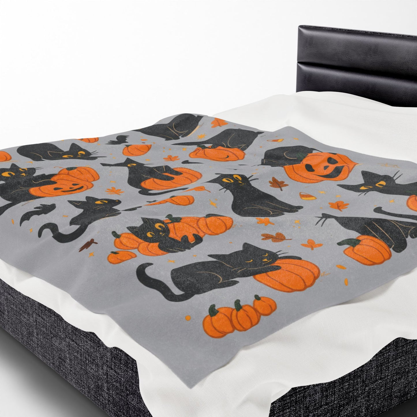 Cute Black Cats and Pumpkins Halloween Blanket, Cozy Fall Velveteen Plush Throw, Kawaii Spooky Cat Lover Gift, Autumn Home Decor, Blanket