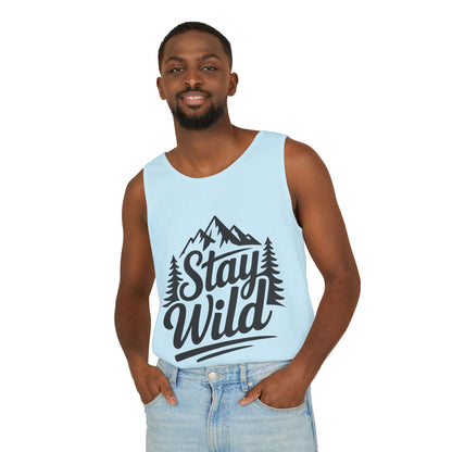 Stay Wild Garment-Dyed Mens Tank Top, Boho Summer Top, Adventure Shirt, Nature Lover Apparel, Gift for Hikers, Outdoor Clothing