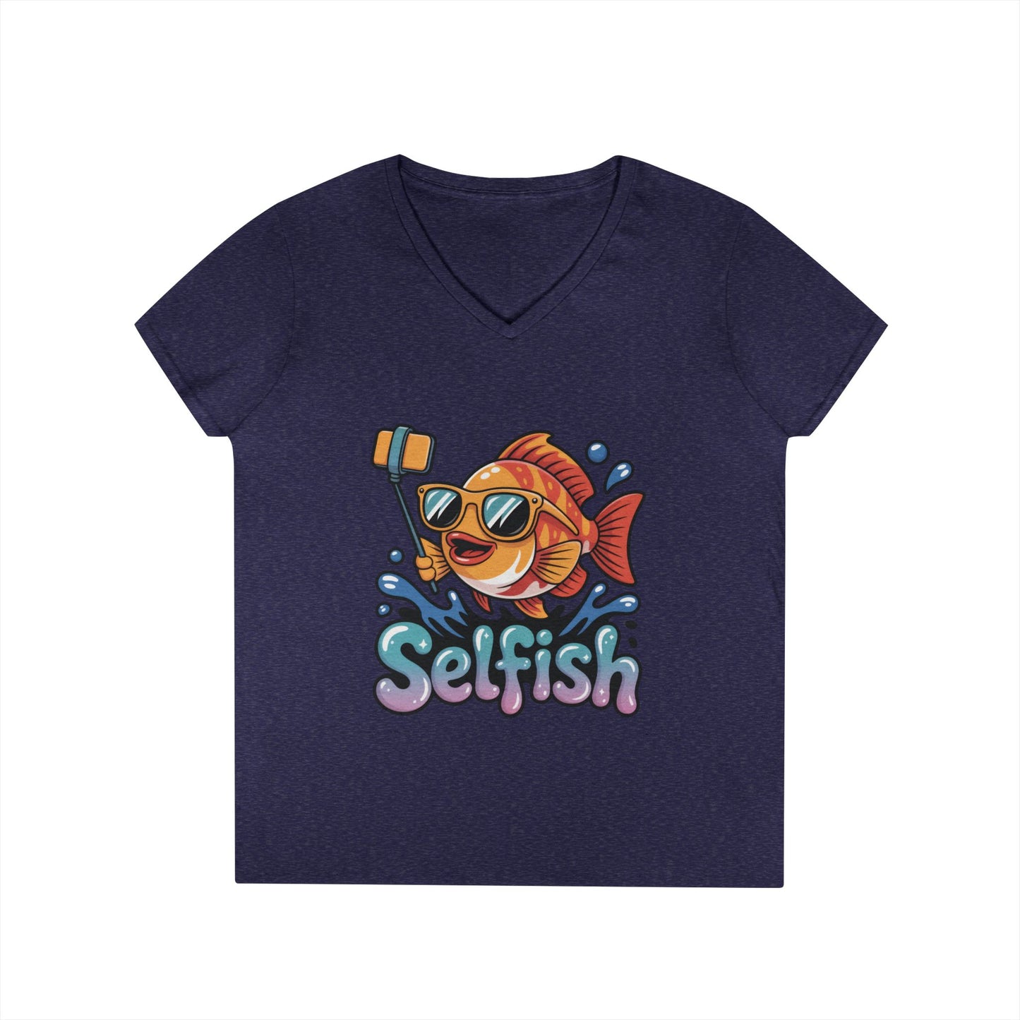 Ladies' V-Neck T-Shirt, Funny Selfie Fish Graphic Womens Tee, Playful Pun Gift for Her, Summer Vibes, Unique Beach Shirt, Outdoor Adventures