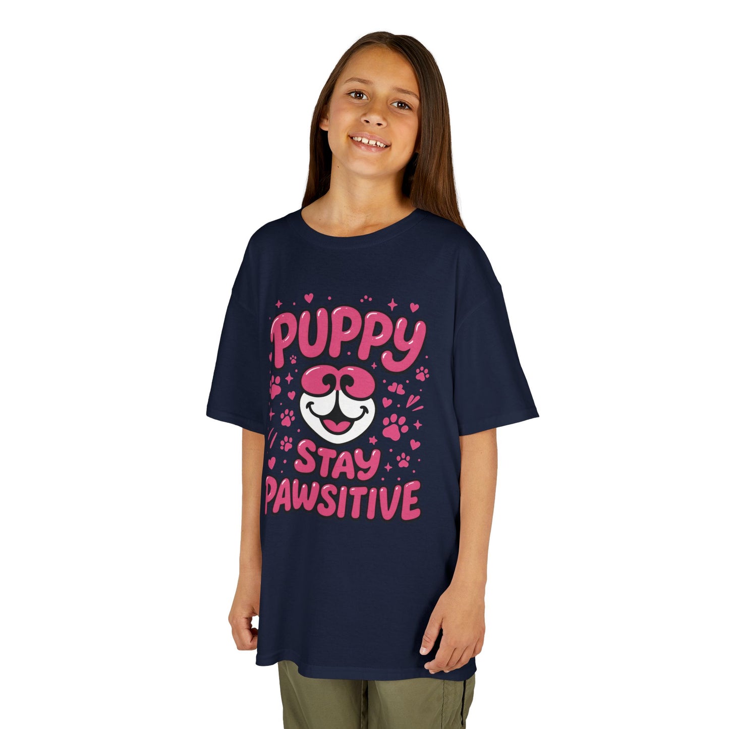 Puppy Stay Pawsitive Youth T-Shirt - Cute Positive Dog Shirt for Teens - Fun Puppy Paw Graphic Kids Tee, Kids Gift, Pet Lover Shirt