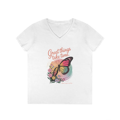 Inspiring Ladies' V-Neck T-Shirt, Great Things Take Time Butterfly Design, Relaxation, Motivation, Nature, Motivational Women's Tee