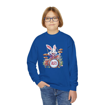 Easter Bunny Drummer Kids Sweatshirt - Cute Spring Crewneck for Children, Fun Easter Gift Colorful Bunny Playing Drums Design