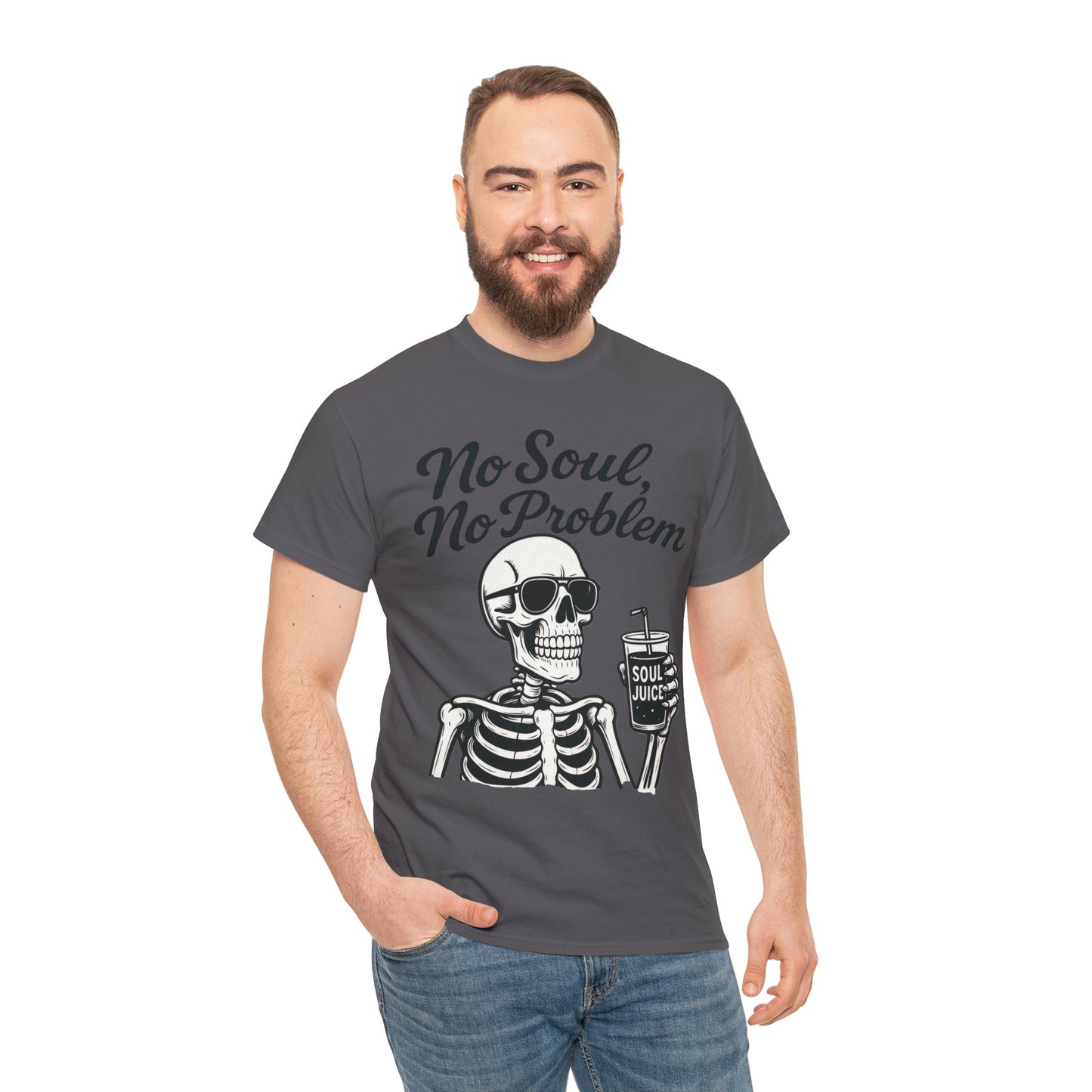 No Soul No Problem Skeleton T-Shirt for Men, Funny Gothic Skull Tee, Cool Spooky Halloween Shirt, Dark Humor Skeleton Graphic Top