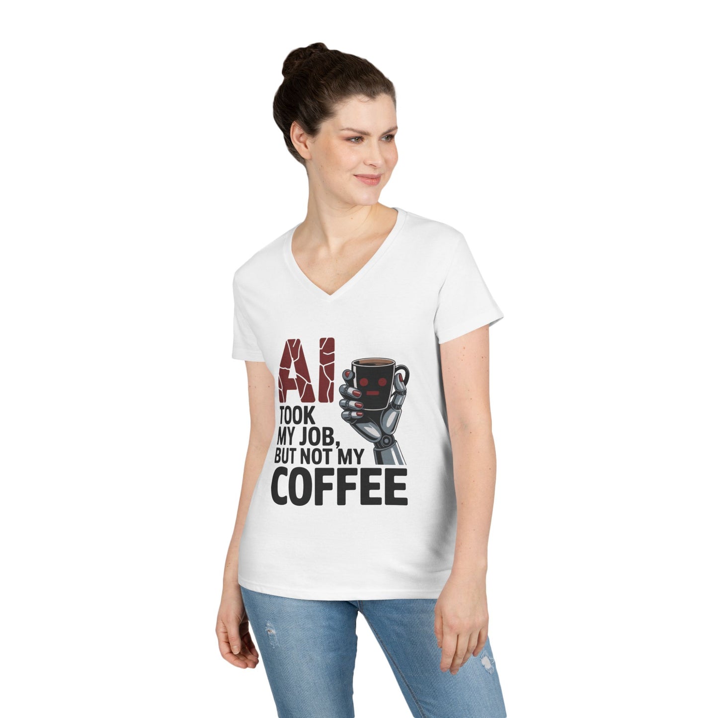 Ladies' V-Neck T-Shirt, Women's AI Coffee T-Shirt, Funny Robot Job Humor Tee, Geek Sarcastic Gift for Her, Sarcastic Work Shirt