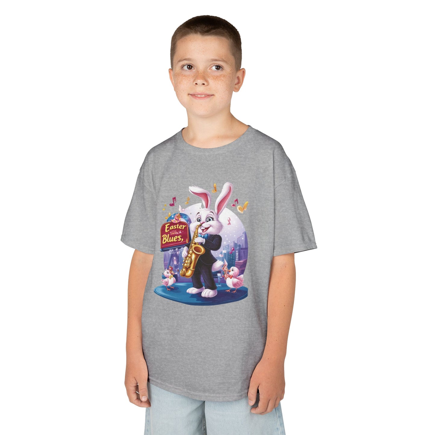 Easter Blues Bunny Kids T-Shirt - Cute Jazz Music Themed Tee for Boys and Girls, Fun Spring Gift, Bunny Playing Saxophone Design