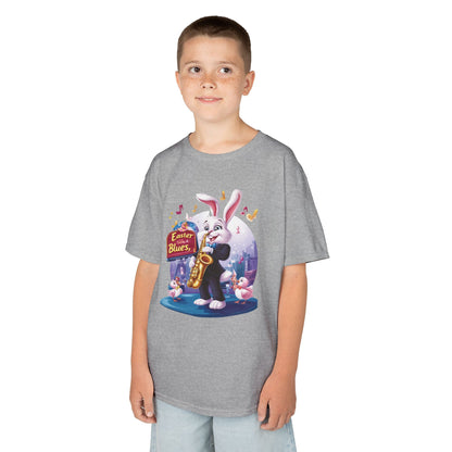 Easter Blues Bunny Kids T-Shirt - Cute Jazz Music Themed Tee for Boys and Girls, Fun Spring Gift, Bunny Playing Saxophone Design