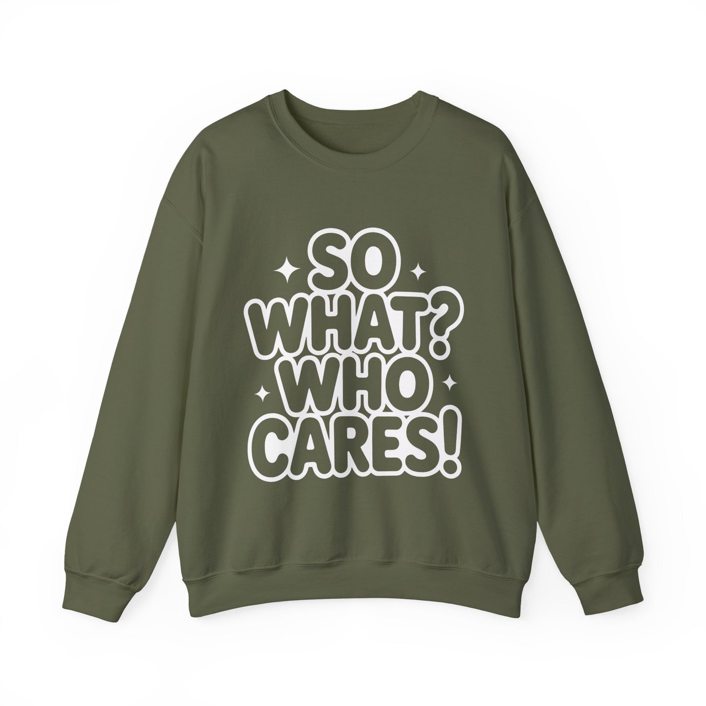 Trendy Womens Crewneck Sweatshirt with 'So What? Who Cares!' Print, Funny Typography Sweater, Sassy Graphic Sweater for Women