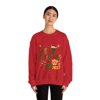 Women's Merry Christmas Cat Sweatshirt, Cozy Holiday Cat Lover Pullover, Women's Heavy Blend™ Crewneck Sweatshirt