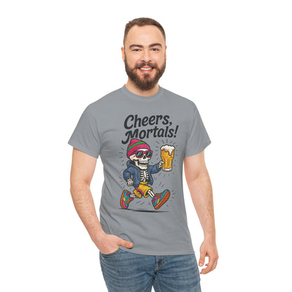 Cheers, Mortals! Mens Tee, Funny Skeleton Beer Graphic Tee, Cool Drinking Humor Shirt, Party Gift for Him, Halloween Tee,  Beer Lovers Gift