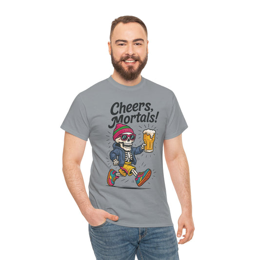 Cheers, Mortals! Mens Tee, Funny Skeleton Beer Graphic Tee, Cool Drinking Humor Shirt, Party Gift for Him, Halloween Tee,  Beer Lovers Gift