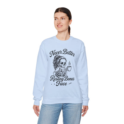 Skull Coffee Lovers Crewneck Sweatshirt, Womens, Perfect for Halloween, Cozy Outfit, Gift for Friends, Relaxing Days, Coffee Enthusiasts