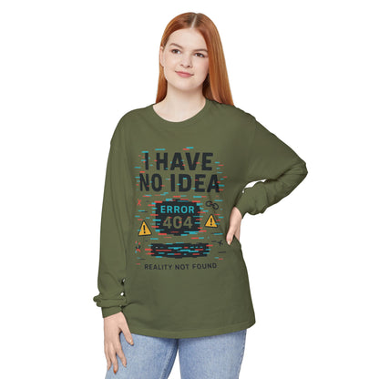 Unisex Long Sleeve T-Shirt, Funny Error 404 Graphic Tee, Internet Humor, Geeky Apparel, Quirky Humor Shirt, Gift for Tech Lovers