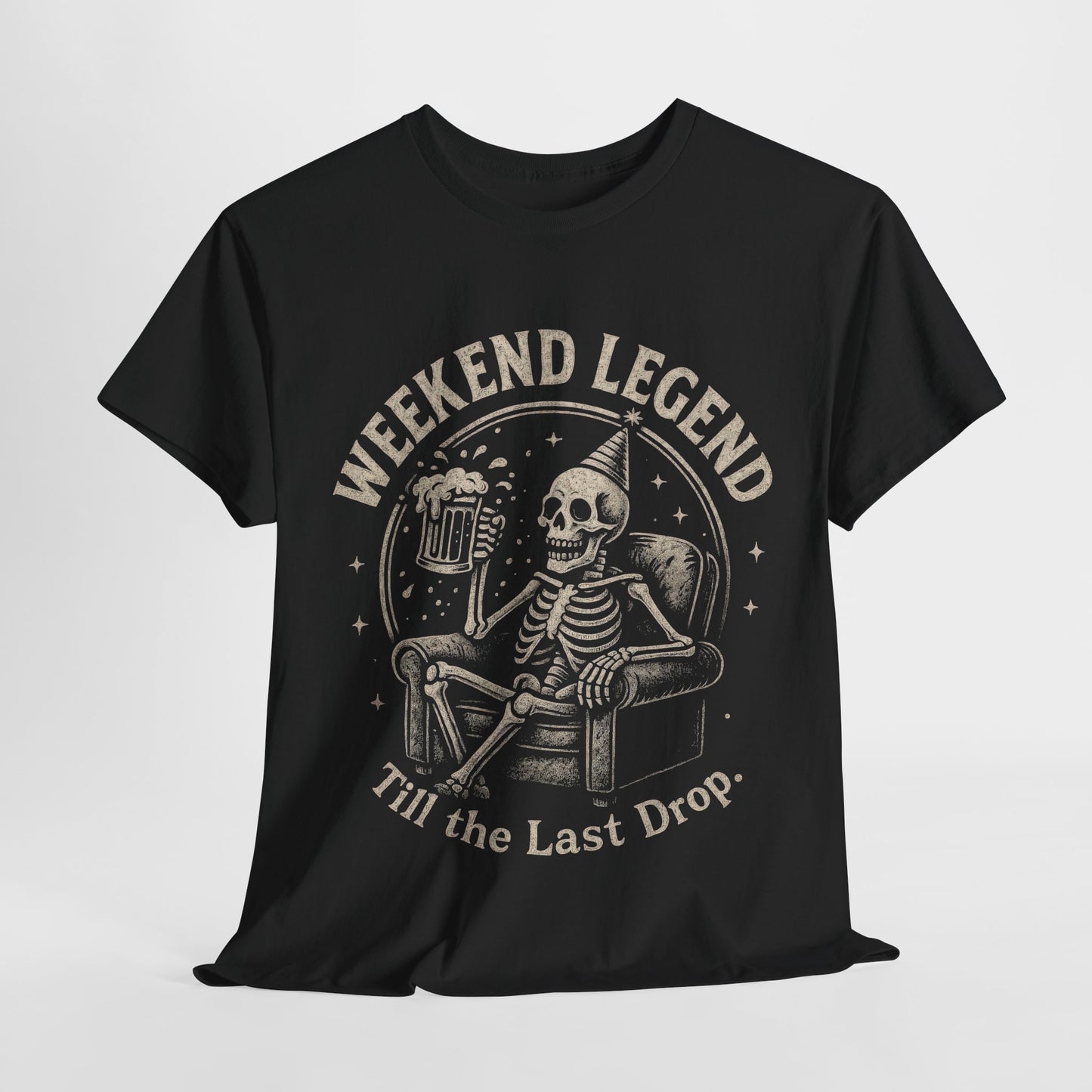 Weekend Legend Mens T-Shirt, Funny Skeleton Beer Tee, Till the Last Drop Party Shirt, Vintage Style Graphic Tee for Him, Halloween Apparel