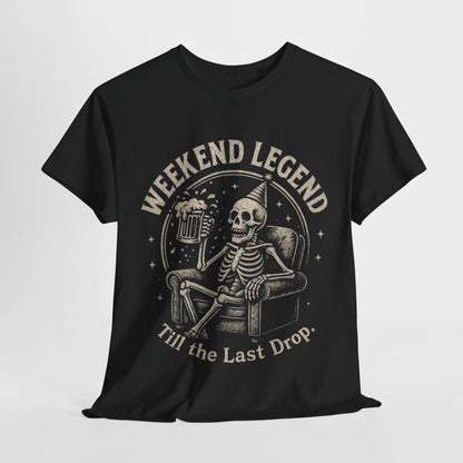 Weekend Legend Mens T-Shirt, Funny Skeleton Beer Tee, Till the Last Drop Party Shirt, Vintage Style Graphic Tee for Him, Halloween Apparel
