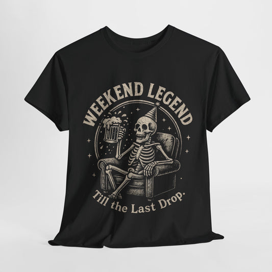 Weekend Legend Mens T-Shirt, Funny Skeleton Beer Tee, Till the Last Drop Party Shirt, Vintage Style Graphic Tee for Him, Halloween Apparel