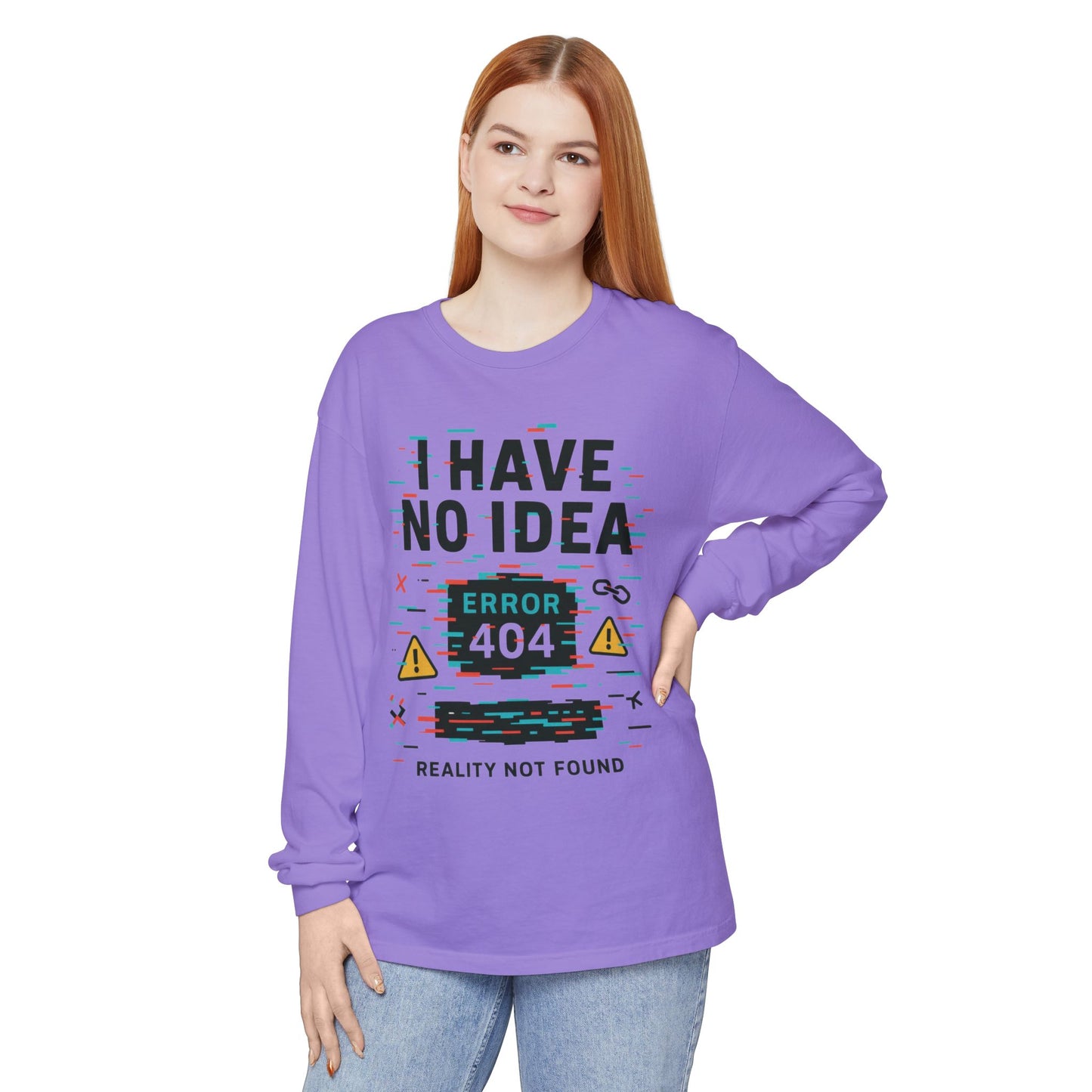 Unisex Long Sleeve T-Shirt, Funny Error 404 Graphic Tee, Internet Humor, Geeky Apparel, Quirky Humor Shirt, Gift for Tech Lovers