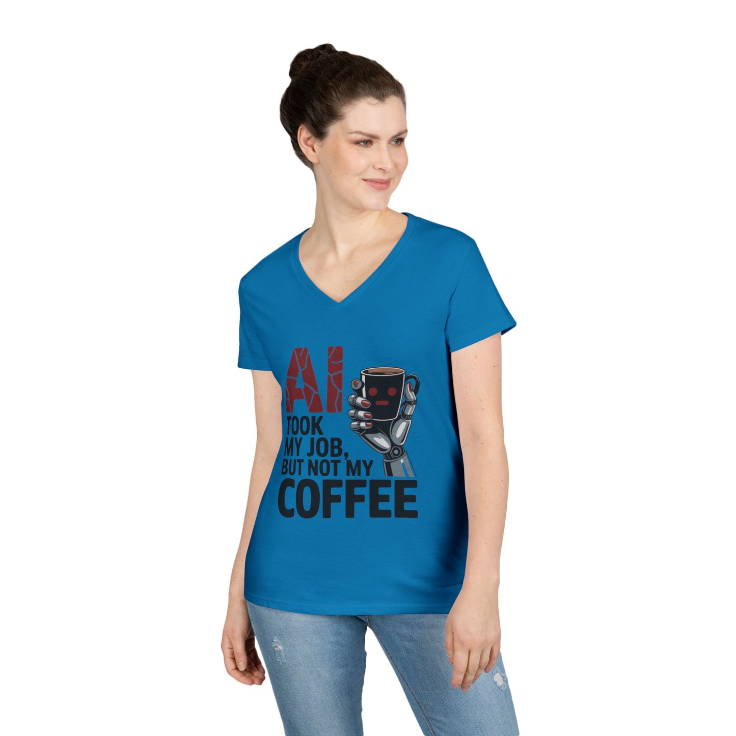 Ladies' V-Neck T-Shirt, Women's AI Coffee T-Shirt, Funny Robot Job Humor Tee, Geek Sarcastic Gift for Her, Sarcastic Work Shirt