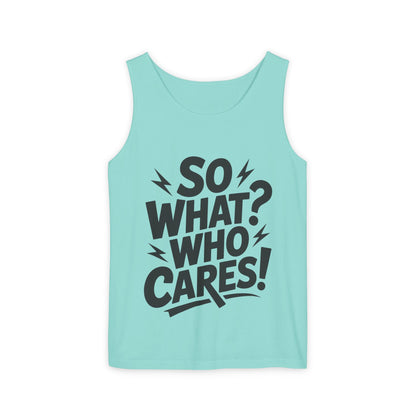 Mens Tank Top, "So What? Who Cares!", Casual Summer Wear, Beach Trip, Festival Outfit, Lightning Print, Sarcastic Summer Tee, Gym Tank