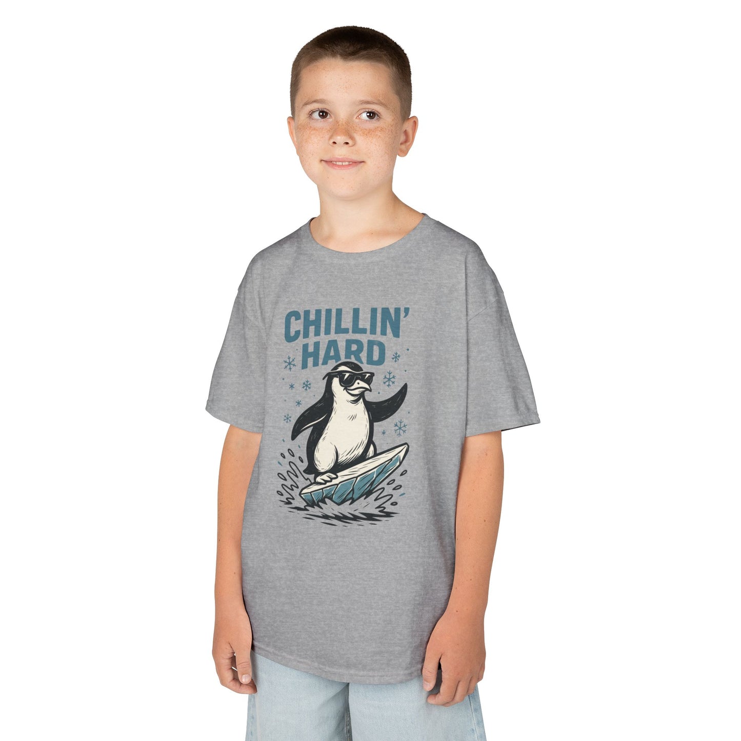Kids Heavy Cotton™ Tee, Kids Chillin Hard Penguin T-Shirt, Funny Cool Animal Graphic Tee for Children