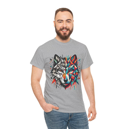 Geometric Wolf Tee, Heavy Cotton T-Shirt, Wildlife Lover Apparel, Unique Nature Wear, Artistic Wolf Design Tee