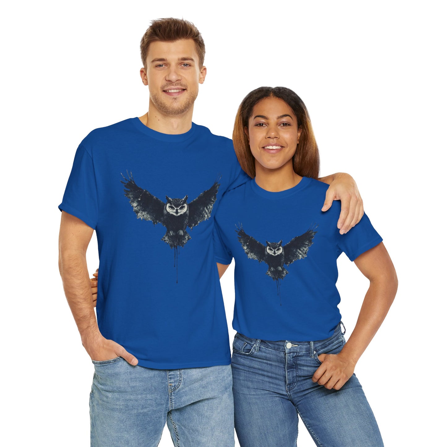 Cool Owl Graphic Unisex Heavy Cotton Tee, Flying Owl Ink Art T-Shirt, Nature Lover Gift, Animal Print Tee, Gothic Bird Graphic Tee