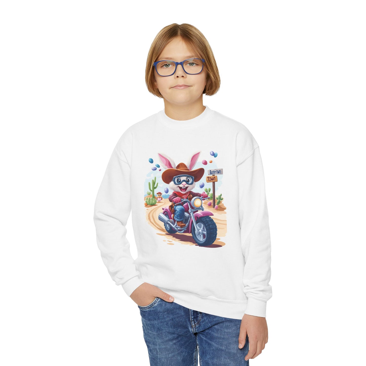 Biker Bunny Youth Sweatshirt - Fun Easter Bunny Riding Motorcycle, Cute Spring Gift for Kids, Playful Holiday Crewneck for Boys & Girls
