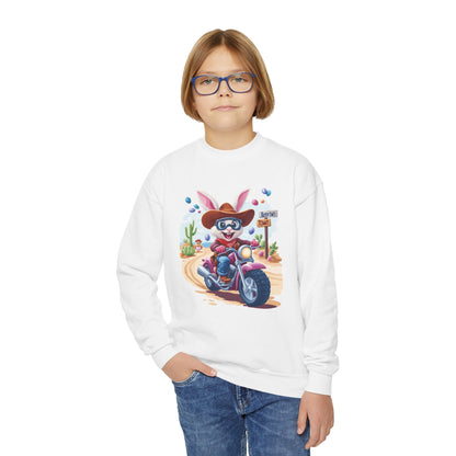 Biker Bunny Youth Sweatshirt - Fun Easter Bunny Riding Motorcycle, Cute Spring Gift for Kids, Playful Holiday Crewneck for Boys & Girls