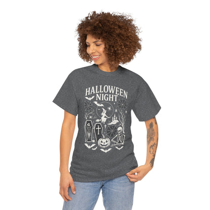 Halloween Night Women's T-Shirt, Gothic Witch Skeleton Pumpkin Tee, Spooky Scary Shirt for Halloween Party