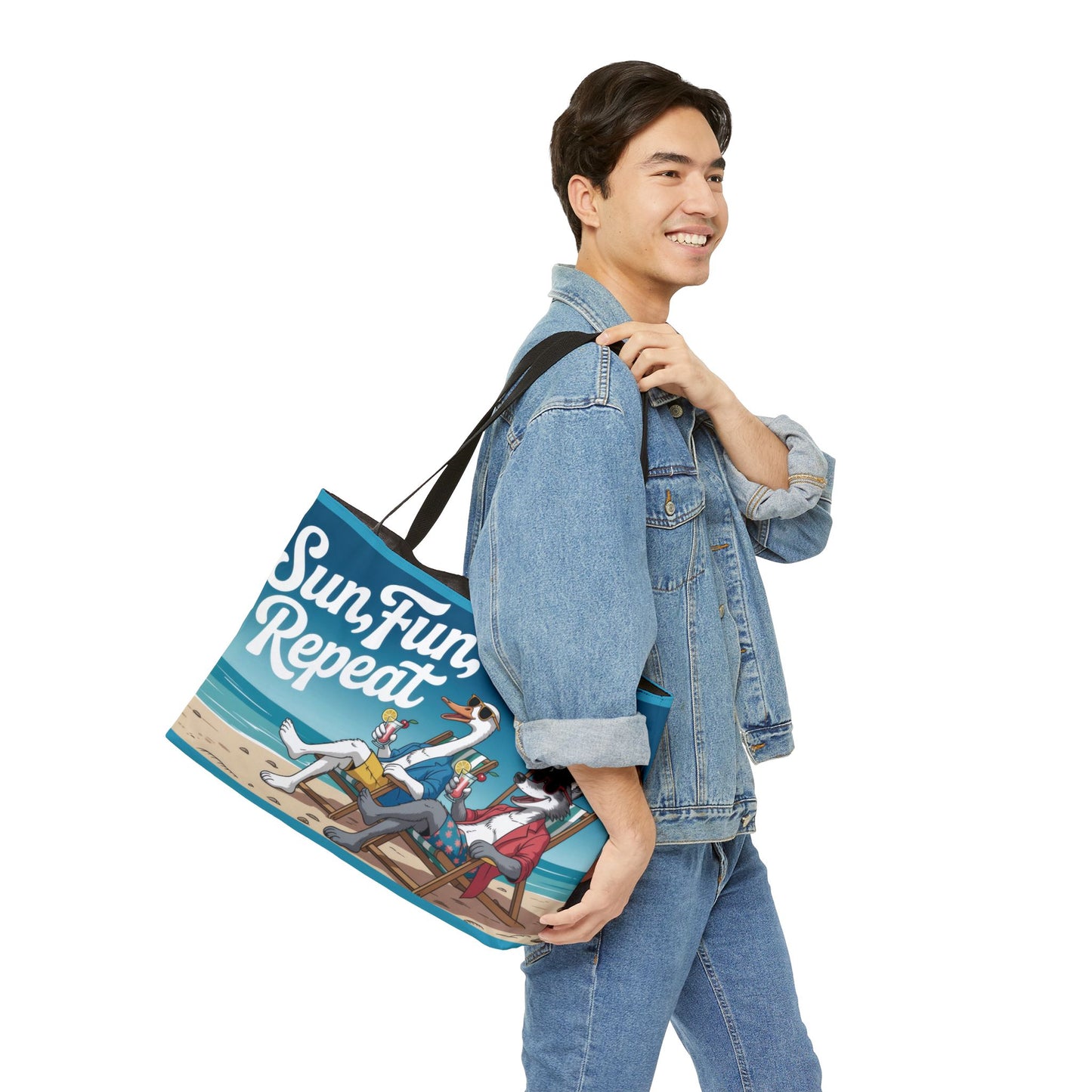 Funny Animal Beach Weekender Tote Bag, Weekender Bag with Cool Cartoon Duck and Wolf, Oversized Travel Beach Bag, Summer Essentials