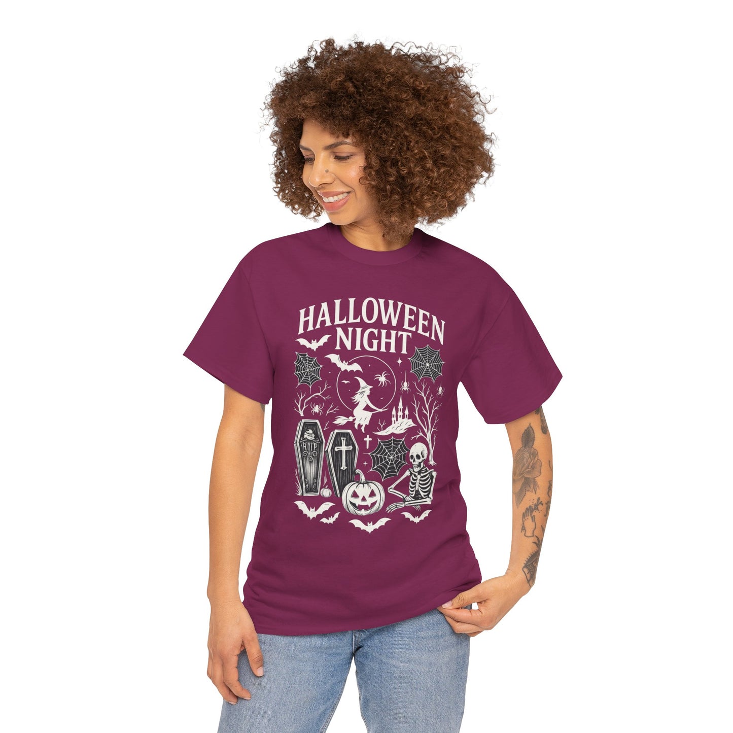 Halloween Night Women's T-Shirt, Gothic Witch Skeleton Pumpkin Tee, Spooky Scary Shirt for Halloween Party