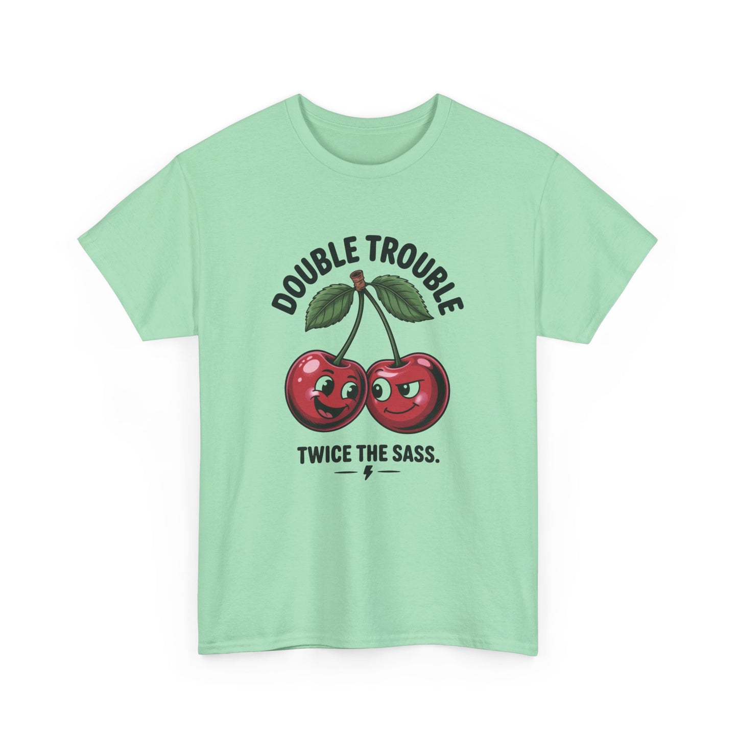 Double Trouble Cherry Graphic Tee, Funny Cute Womens T-Shirt, Twice the Sass Quote Shirt, Sassy Cherry Cartoon Gift