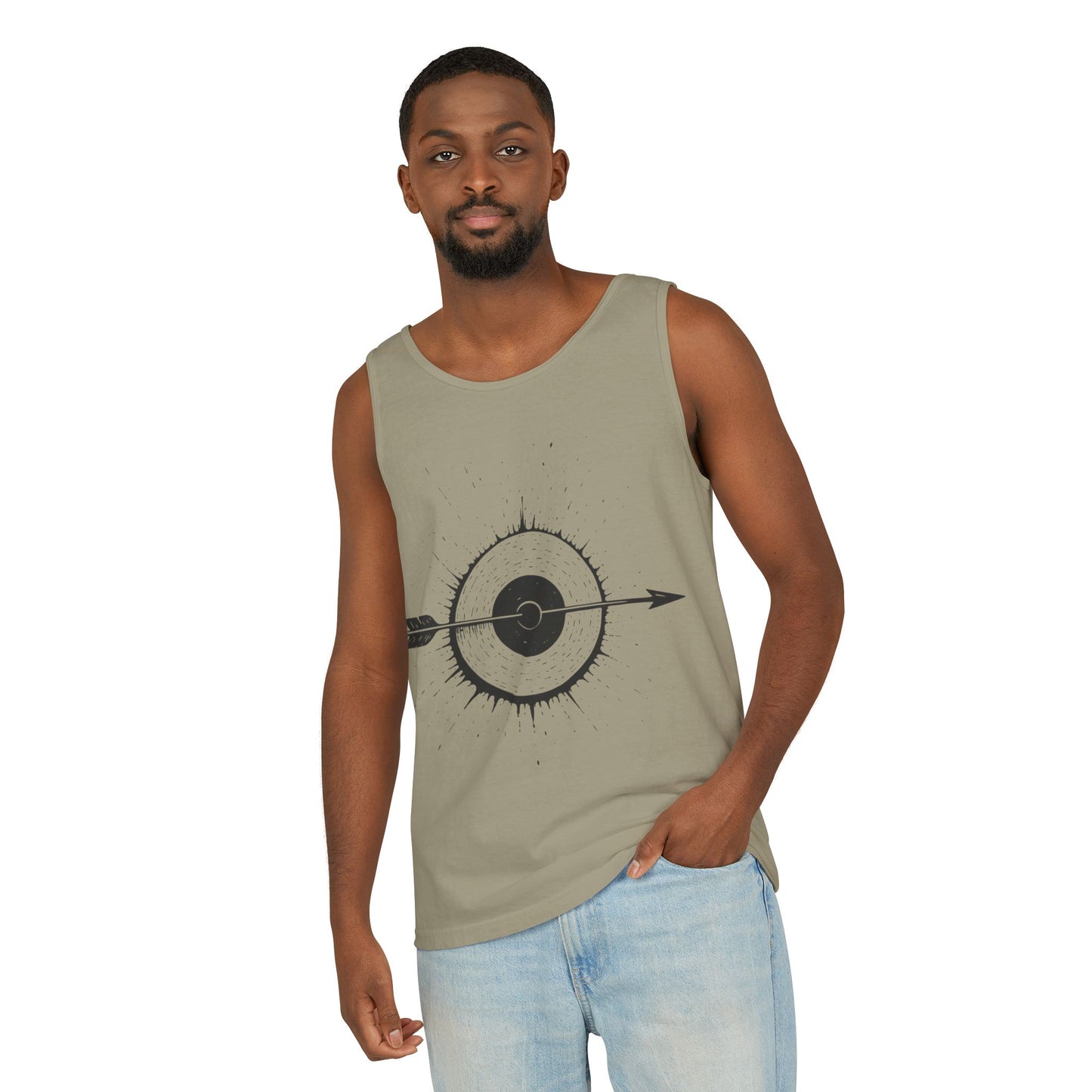 Mens Garment-Dyed Tank Top with Target Arrow Design, Casual Wear, Summer Essentials, Gym Wear, Gifts for Archery Lovers