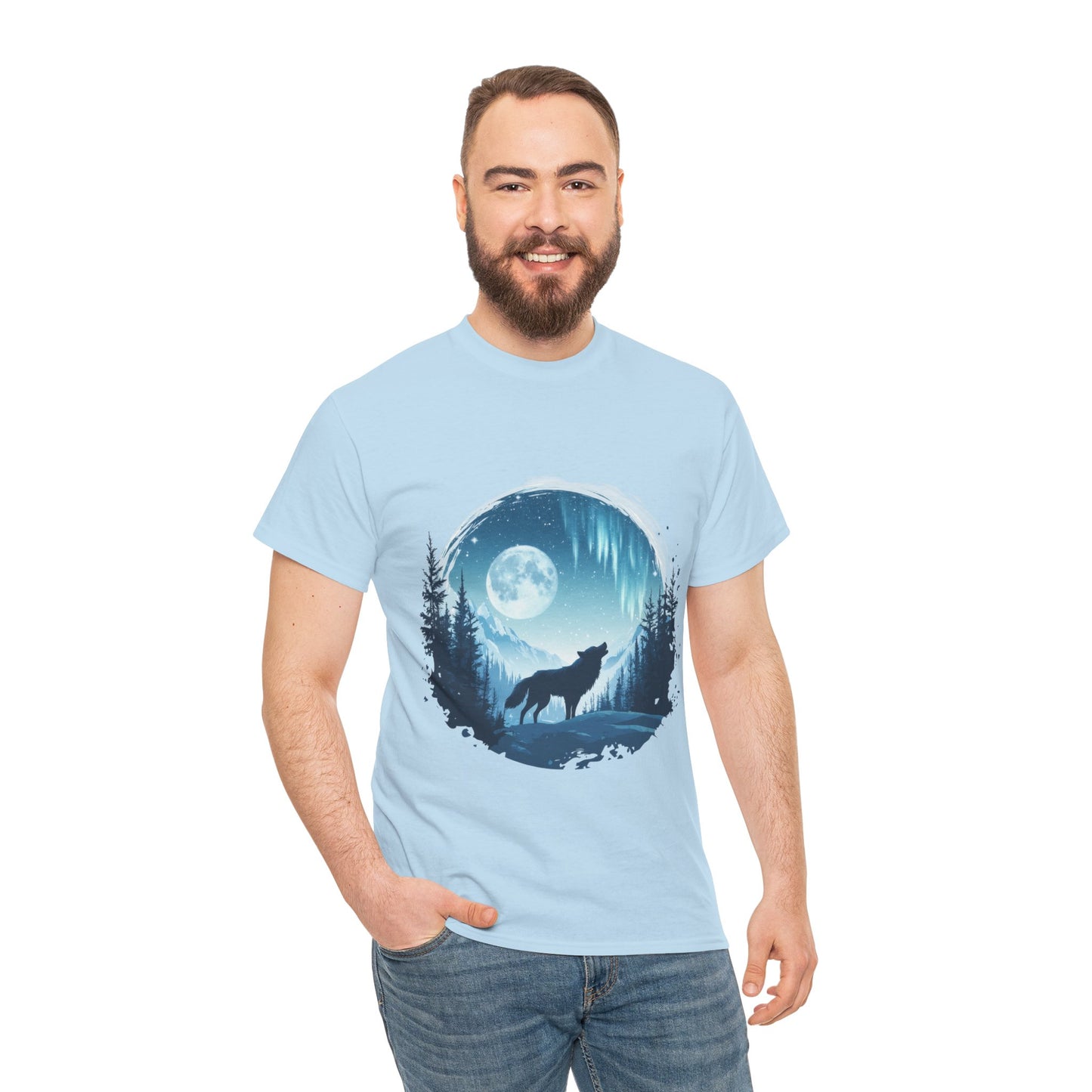 Howling Wolf Under Moonlight Men's T-Shirt, Full Moon Forest Scene Tee, Nature Lover Gift, Outdoor Adventure Clothing