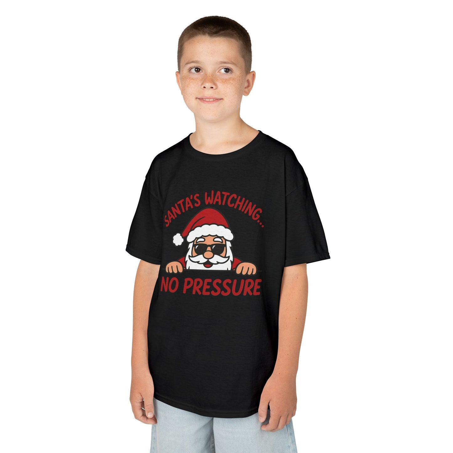 Santa's Watching No Pressure Kids Christmas T-Shirt, Funny Holiday Tee for Youth