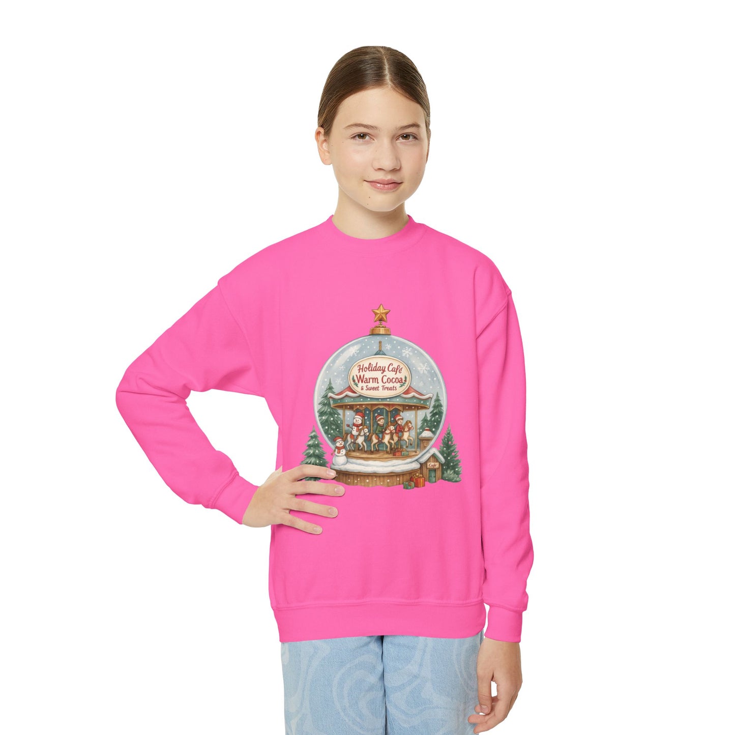 Youth Holiday Café Christmas Sweatshirt, Warm Cocoa Snow Globe Jumper