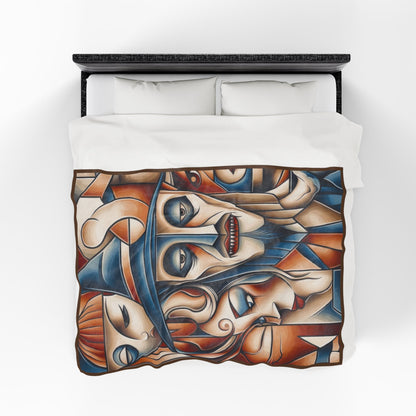 Abstract Gothic Faces Velveteen Plush Blanket, Cubist Witch and Vampire Art Throw Blanket, Modern Halloween Home Decor, Unique Artistic Gift