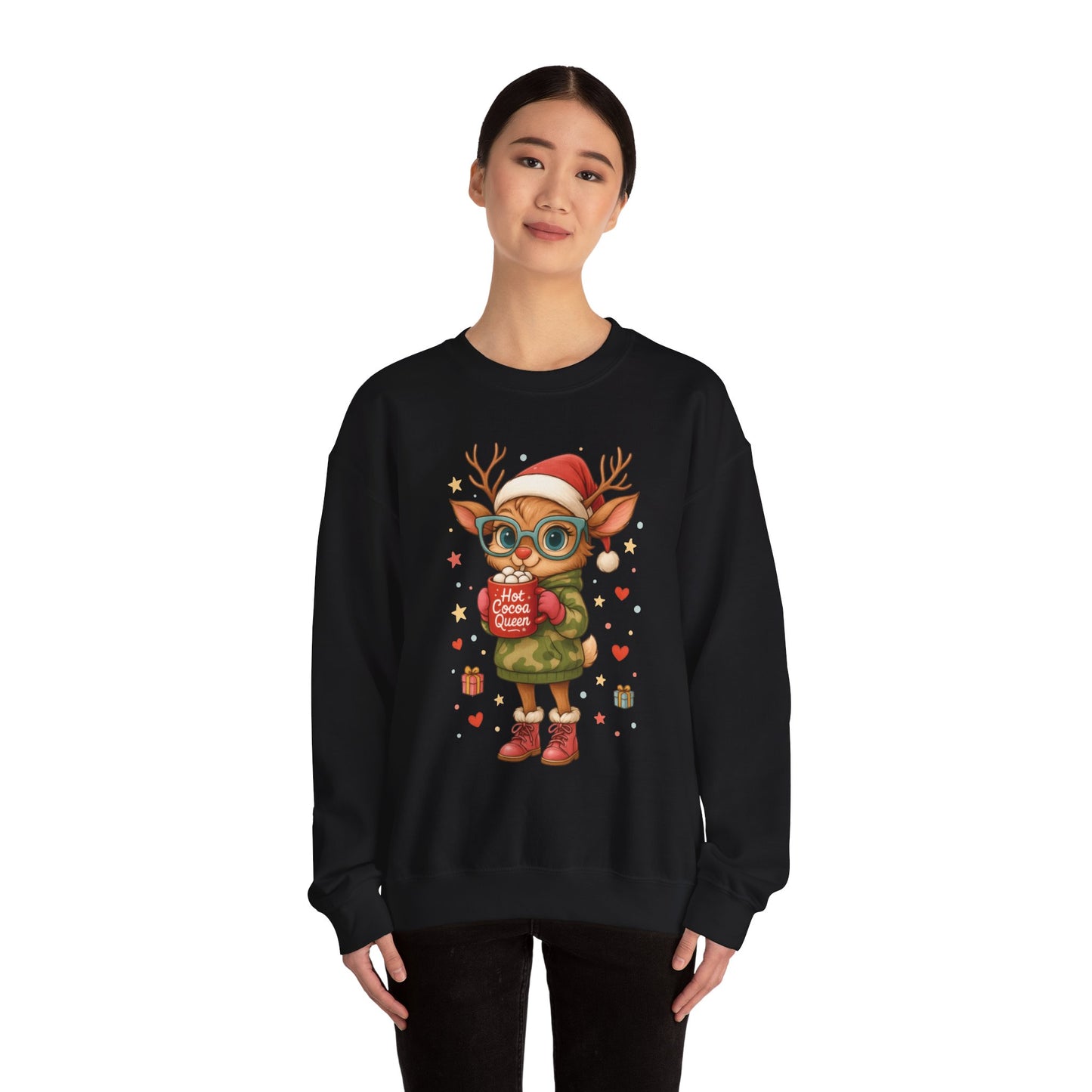 Hot Cocoa Queen Christmas Sweatshirt, Cute Cozy Holiday Reindeer Pullover