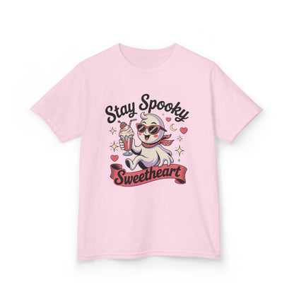 Girls Halloween Ghost T-Shirt, Stay Spooky Sweetheart Tee for Kids, Cute Retro Style Tween Girl Outfit Gift, Kids Heavy Cotton™ Tee