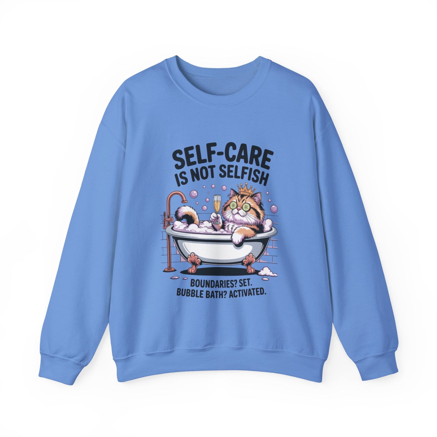 Womens Crewneck Sweatshirt, Self-Care Cat Shirt, Funny Cat Tee, Relaxing Kitty Graphic, Self Care Is Not Selfish Womens Sweatshirt
