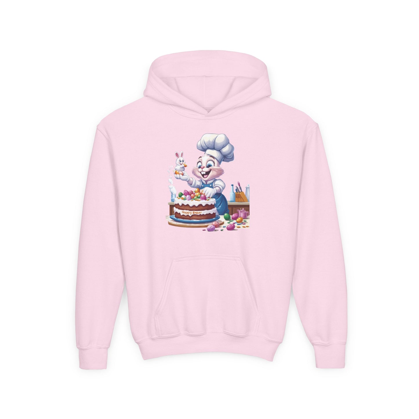Hoppy Baker Easter Bunny Kids Hoodie - Cute Chef Bunny with Cake Design, Fun Spring Sweatshirt, Colorful Holiday Gift for Children