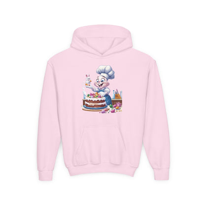 Hoppy Baker Easter Bunny Kids Hoodie - Cute Chef Bunny with Cake Design, Fun Spring Sweatshirt, Colorful Holiday Gift for Children