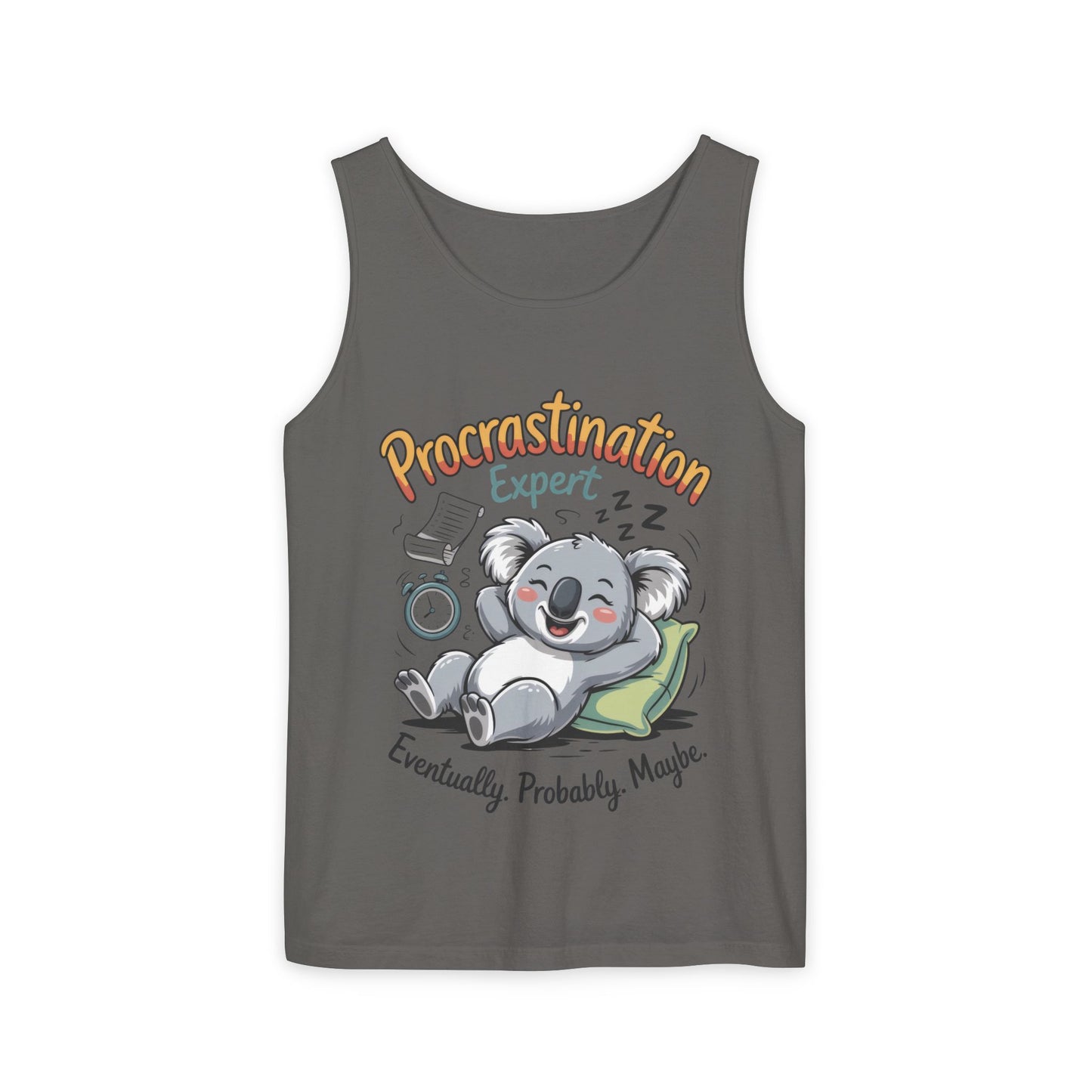 Procrastination Expert Womens Tank Top, Funny Gift for Lazy Days, Relaxed Fit Tee, Casual Summer Wear, Koala Graphic Top, Motivational Apparel