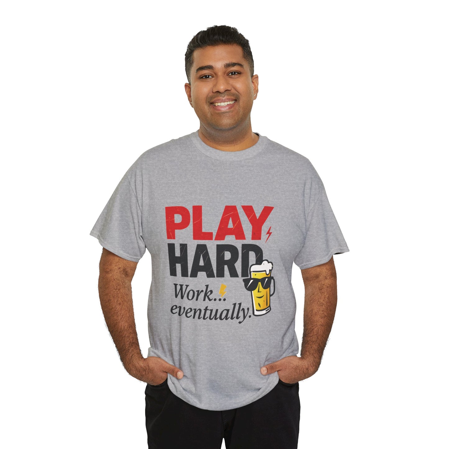 Play Hard Mens Heavy Cotton Tee, Perfect for Beer Lovers, Casual Hangouts, Parties, Gifts, and Relaxed Days