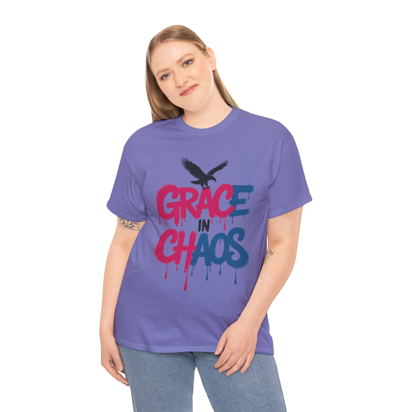Womens Graffiti T-Shirt, Grace in Chaos Dripping Street Art Tee, Bold Urban Graphic Shirt