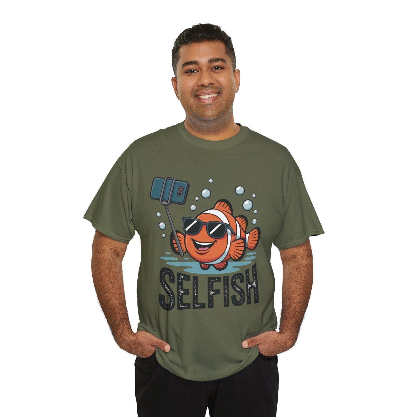 Unisex Heavy Cotton Tee, Mens Selfish Funny Fish T-Shirt, Cute Selfie Graphic Tee, Ocean Humor Shirt